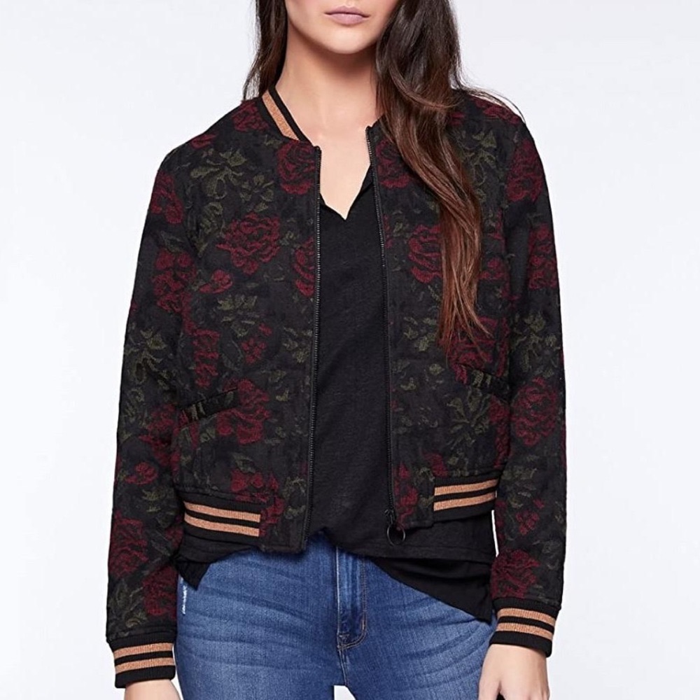 Sanctuary Wool Jacquard Black Rose Print Cropped Bomber Jacket Size Small